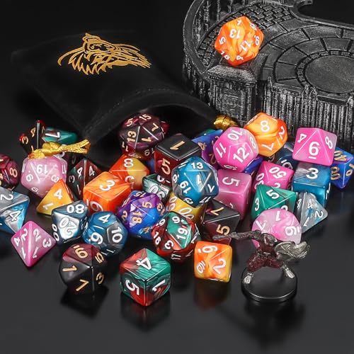 QMAY Mystery Dice Set – 42 Pcs Acrylic Polyhedral Dice + 6 Pcs Velvet Bag | 6 Bags Random Patterns & Styles DND Dice, Gifts for D&D, Pathfinder, MTG, Table Game Night, Dice Goblins, RPG Players & DMs - style: 6 bags Mystery Dice
