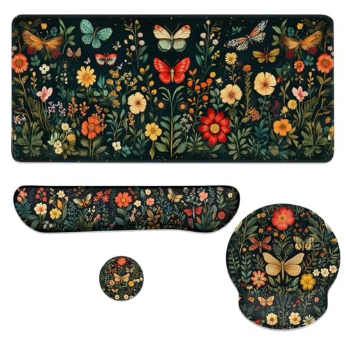 Butterfly Mouse Pad Set Colorful Floral Garden Fantasy Gaming Mousepad 4in1 Desk Mat for Desktop Anti-Slip XXL Big Computer Ergonomic Mousepad with Wrist Support for Keyboard and Mouse - color: Butterfly, size: 35.4L x 15.7W inches