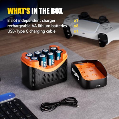 8-Pack 3400mWh Rechargeable Lithium aa Batteries with Charger | 1.5V Constant, 8-Slot Double A Li-ion Charger Storage Box with Smart Charging, Multiple Charging Protections - color: 8AA+Charger-1