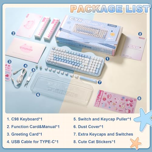 YUNZII C98 Cute Cake Wireless Mechanical Keyboard(Blue, Milk Switch) | 99 Keys with Number Pad, Hot Swap, PBT MOA Keycaps, BT5.0/2.4G/USB-C, Gasket Mount, Custom RGB Backlit for Win/Mac - color: Blue, size: Milk V2 Linear Switch