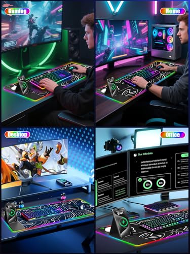 Mouse Pad with Foldable Phone Holder & Wireless Charger, XXL RGB Gaming Mousepad 31.5"x15.8" Large Desk Mat for Keyboard, Black Desk Pad with Dual Qi Charging Station | 11 Colors 5 Modes | Waterproof - color: 31.5x15.75"Phone Stand-Topographic Upgraded
