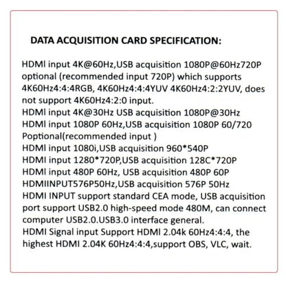 CY HDMI Capture Card 4K Video Live Streaming USB Data for Camera Game Set-Top Box Recording Computer DVD