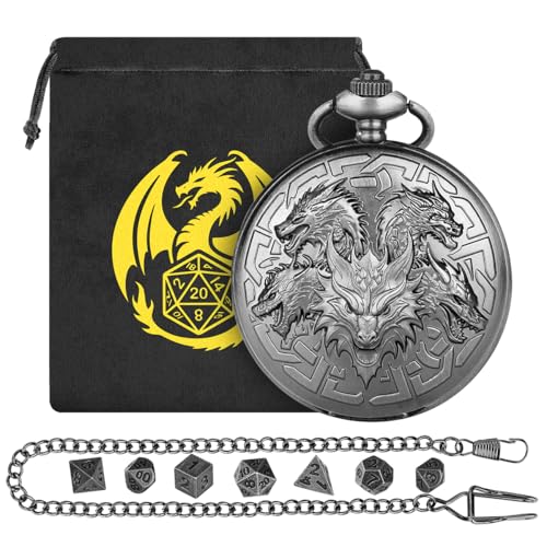 Mini DND Dice Set with Retro Five Dragon Heads Pocket Watch Shell Case, DND Starter Set, 7pcs Polyhedral Mini Metal Dice Set, D&D Gifts with Gift Box, Role Playing Board Game Accessories, Silver - color: Dark Silver