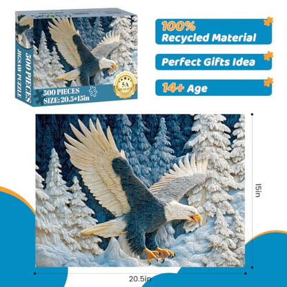 500 Piece Puzzles for Adults, Freedom Eagle Wildlife Puzzle for Teens Adults Seniors, Winter Forest Eagle Hard Jigsaw Puzzle, Nature Scenery Family Activity Great Gift for Family Friends, 20.5 x 15 In - style: Eagle Wildlife