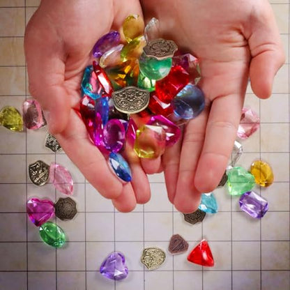 ENHANCE Tabletop Treasure Token Set - 40 Metal MTG Tokens (x10 Each Design) with Acrylic Assorted Gems (40+) and Drawstring Pouch, Counters for RPG Games - MTG Counters, DND Coins for Tabletop Games