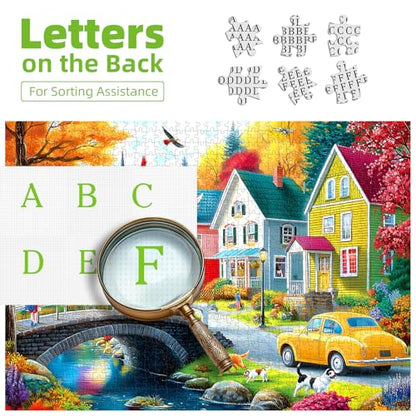 MINIWAN Cozy Autumn Small Town River Puzzles for Adults 1000 Pieces, Colorful Fall Village Houses Bridge Dog Jigsaw Puzzle, Gift for Landscape & Countryside Lovers 27.5x19.7 Inch - color: Autumn Village