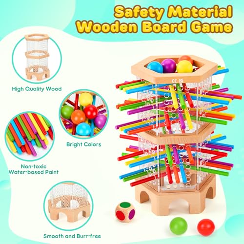 Montessori Wooden Board Game with 42 Sticks & Dice for Kids Ages 3-6 | Math Learning Toys Fine Motor Skills & Counting Educational Toy, Family Travel Game Birthday Gifts for Boys Girls