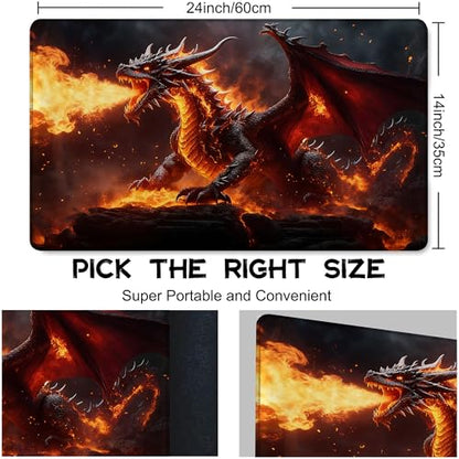 for MTG Playmat 24 x 14 Inches The Fire Dragon on the Rock Magic Play Mat Card Game Mat for Magic The Gathering TCG PTCG Playmat with Free Storage Bags Non-Slip Backing and Stitched Edge - color: The Fire Dragon on the Rock No With Zones