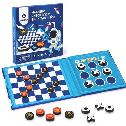 2-in-1 Travel Checkers and Tic Tac Toe Game for Kids Ages 8-12, Magnetic Checkers Board Game, Foldable Road Trip and Plane Activities - style: Checkers&Tic-Tac-Toe