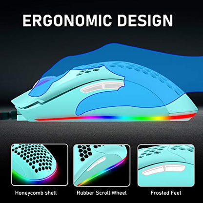 ZIYOU LANG Wired Lightweight Gaming Mouse,6 RGB Backlit Mouse with 7 Buttons Programmable Driver,6400DPI Computer Mouse,Ultralight Honeycomb Shell Ultraweave Cable for PC Gamers,PS4(Green)