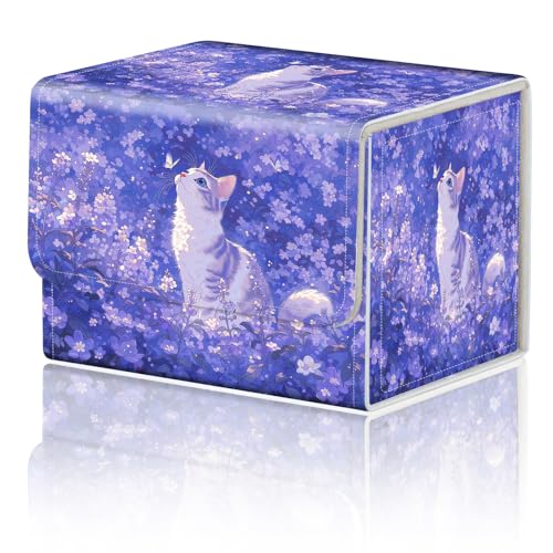 Magnetic Closure TCG Deck Box Portable Card Holder Trading Card Deck Box | PU Leather Collectible Card Case Game Trading Card Deck Box Storage Scratch Resistant Lining, Cat In Purple Flower Field - color: Cat In Purple Flower Field