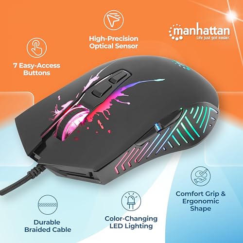 MANHATTAN RGB LED Wired Optical USB Gaming Mouse - 7200 DPI, Ergonomic Shape, 7 Buttons, Color-Changing LEDs, Low-Friction Base, Computer Mouse for Laptop, Extra-Long Braided Cable - 190121 | DPI USB pointer with seven controls, RGB lighting, smooth glide