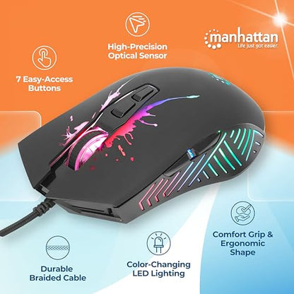 MANHATTAN RGB LED Wired Optical USB Gaming Mouse - 7200 DPI, Ergonomic Shape, 7 Buttons, Color-Changing LEDs, Low-Friction Base, Computer Mouse for Laptop, Extra-Long Braided Cable - 190121 | DPI USB pointer with seven controls, RGB lighting, smooth glide