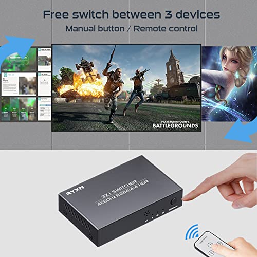 HDMI 2.0 Switch 3 in 1 Out 4K@60Hz, HDMI Switcher Splitter 3x1, Supports GRB4:4:4, HDCP2.2, HDMI2.0, HDR10, for PS5/4 Blu-Ray Fire Stick Roku PC and More