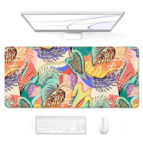 Auhoahsil Desk Mouse Pad, Large Gaming Mousepad, XXL Desk Pad, Extended Long Superior Micro-Weave Cloth Non-Slip Rubber Big Computer Mouse Mat for Gamer, Office & Home, 35" x 15", Tropical Leaves - color: 18 Colorful Tropical Leaves, size: XXL - Extended