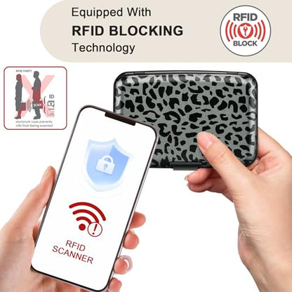 ELFISH Mini RFID Aluminum Wallet Credit Cards Holder Business Card Case Metal ID Case for Men Women(Black Leopard Print) - color: Black Leopard Print