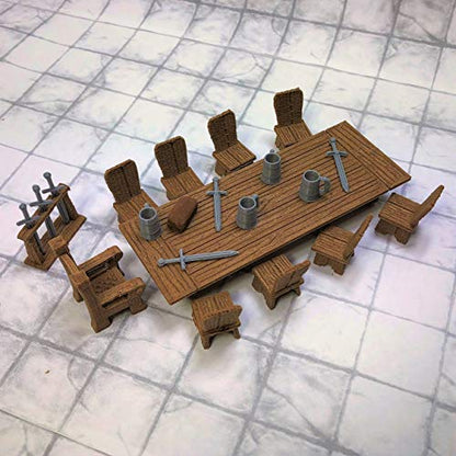 Lords Table Set with Chair, Small Chairs, Sword Rack, Swords, Tankards, and Bread - 28mm Scale Tabletop Terrain for D&D and Fantasy Role Playing Games