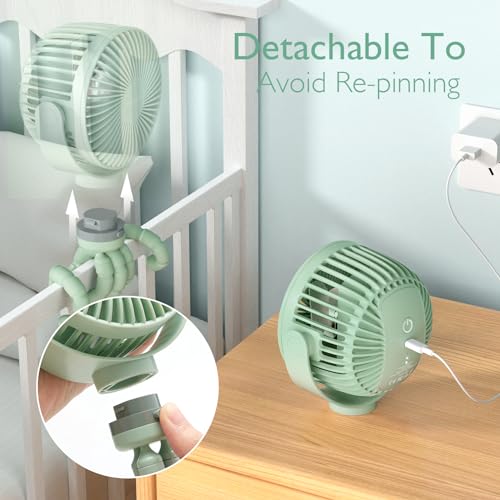 Momcozy 8000mAh Portable Stroller Fan, 27H Ultra-long Battery Life Detachable 4 Speed 360°Rotate LED Night Light with 2 Modes, USB Rechargeable Handheld Cooling Fan for Travel/Car Seat/Bedroom - color: Green