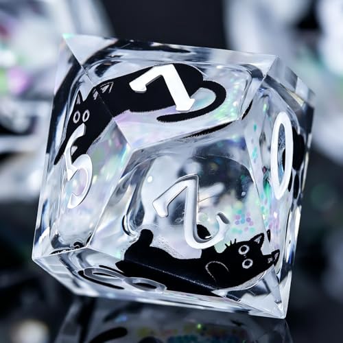 WizardsAracanum Cat Liquid Quicksand DND Dice Set Resin 7Pcs Dice DND with an Iron Box for DND COC Role Playing dice Games and Board Games Gift (Glitter Rainbow Black Cat) - color: Rainbow Giltter Black Cat