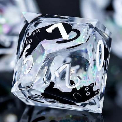 WizardsAracanum Cat Liquid Quicksand DND Dice Set Resin 7Pcs Dice DND with an Iron Box for DND COC Role Playing dice Games and Board Games Gift (Glitter Rainbow Black Cat) - color: Rainbow Giltter Black Cat