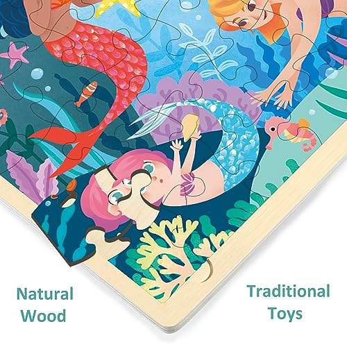 48 Piece Mermaid Wooden Jigsaw Puzzles for Kids Ages 3-5 | For 3 Year Old, Preschool Puzzle Ages 4-8, With Tray - style: 48 Piece