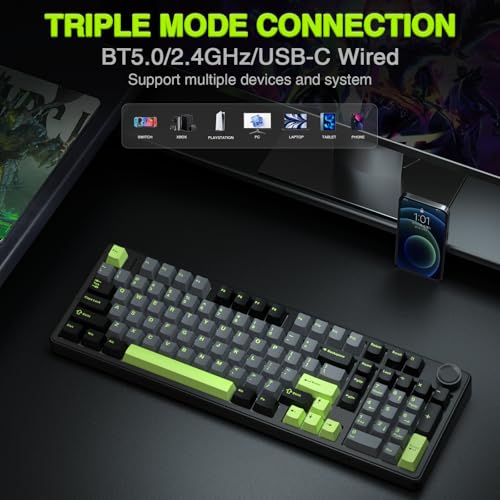 AULA F99 Pro Wireless Mechanical Keyboard with Knob,Creamy Sound,Tri-Mode BT5.0/USB-C/2.4GHz Hot Swappable Keyboard,Gasket Structure,RGB Backlit Computer Gaming Keyboards - color: With Knob-Black&Grey&Green