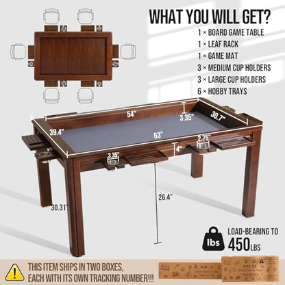 Solid Wood Board Game Table for 4–6 Players with 54" x 30.7" - color: Warm Walnut, size: Recessed Leaves
