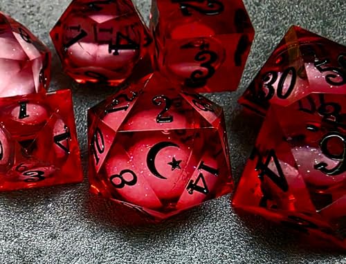 Star Moon Liquid Core Sharp Edge Crystal Dice Set for Dungeons and Dragons Polyhedral RPG Tabletop Dice (Scarlet Crescent-Red) - color: Scarlet Crescent-red