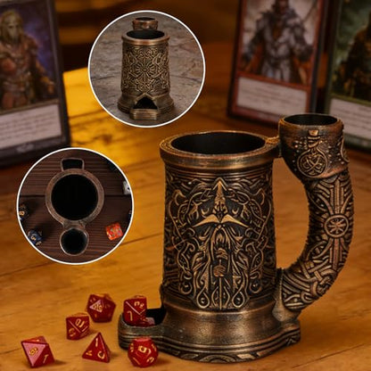 Dice Tower Mug, Dice Rolling Tower, Comes with 7 PCS Dice Set, Suitable for DND Dungeons and Dragons, Tabletop Games, Available As Drink Holder, D&D Gifts, DND Accessories (Dark Gold Mage) - color: Dark Gold Mage
