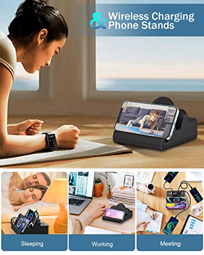 Wireless Charging Station with 6 USB Ports, 8 in 1 15W Dual Wireless Charger Station, 2 QC/2 PD USB Fast Charging Station, 80W Phone Charger for iPhone14/13/12/11/X/Samsung/Android/iWatch