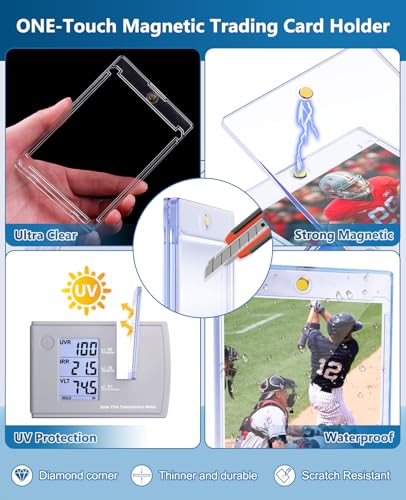 204ct Magnetic Trading Card Holders: 35pt One Touch Card Holder, U-V Protection Hard Plastic 35 PT Magnetic Cards Case for Sports Game, Football, Baseball Cards - Ultra Slim - size: 204 Pack
