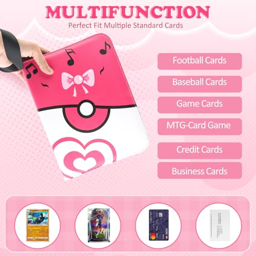 4 Pockets Trading Card Binder, 400 Card Holders with 50 Removable Sleeves, Portable Card Binder Album with zipper, Card holder Book for Game, Sport Collection (Pink) - color: Pink