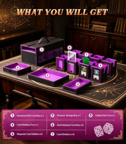 TiMOVO MTG Commander Deck Box, 11-in-1 Modular for TCG/PTCG, Black & Purple | 8-Deck Card Storage Case and 3 Dice Trays, Holds 1760+ Single-Sleeved Cards, Display Window, Carry handle - color: Black & Purple