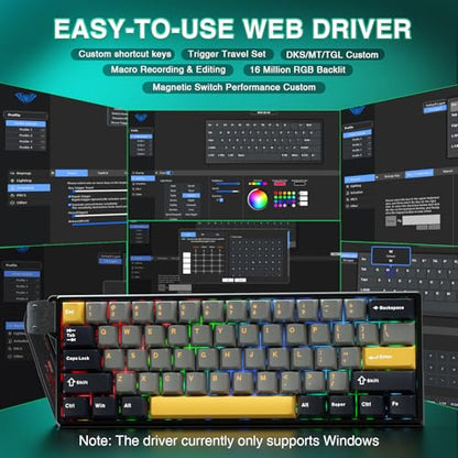 AULA WIN60 HE MAX - 60% Mechanical Gaming Keyboard Wired, Hall Effect Magnetic Switches Hot Swappable, Adjustable Actuation Rapid Trigger Mode, 8000 Hz Polling Rate, 60 Percent Keyboard Compact Design - color: Black&Gray&Yellow