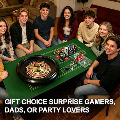 Casino Night Complete Game Set Include 16'' Green Roulette Wheel 35" X 16" Rubber Tabletop Layout Mat, 100 Chips Dealer Button Win Marker Casino Game Sets Gift Ideas