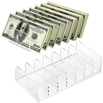 Hipiwe 2 Packs Mail Organizer Plastic Cash Tray for Desk - 7 Slots File Organizer Clear Desktop Bill Divider Holder for Paper Envelope Document Book Money Eyeshadow Makeup Palette