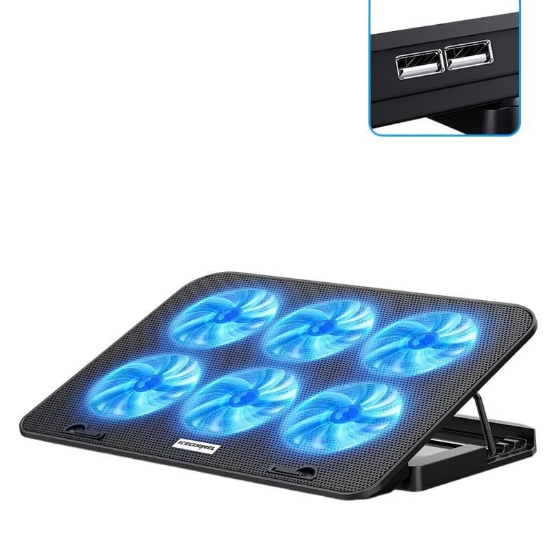 Laptop Cooling Pad 6 Fans RGB LED Adjustable Stand 12-17" Gaming | 6 fans 2400 RPM, RGB lights, adjustable speed, phone holder, metal mesh, dual USB, fits 12-17", 35-70 CFM cooling power - color: Black standard version (no speed control, with sta