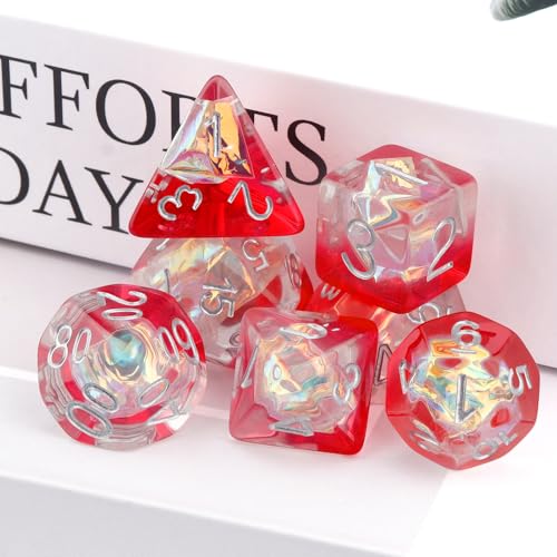 Haxtec Red Clear DND Dice Set, 7 Pcs Iridescent Resin Polyhedral RPG Dice | Role Playing Games Dice with Velvet Bag, Rounded Edge, Compatible with Dungeons and Dragons, Gifts for D&D Lovers - color: Red White