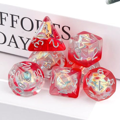 Haxtec Red Clear DND Dice Set, 7 Pcs Iridescent Resin Polyhedral RPG Dice | Role Playing Games Dice with Velvet Bag, Rounded Edge, Compatible with Dungeons and Dragons, Gifts for D&D Lovers - color: Red White