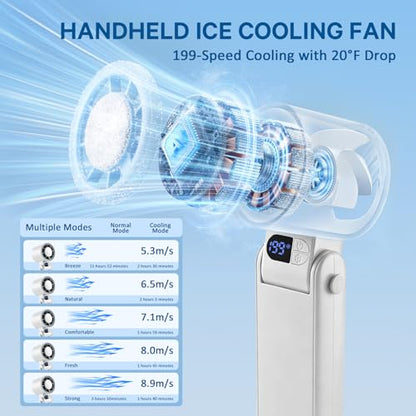Handheld Portable Turbo Fan with Ice Cooler Personal Cooling Device | 199 Speeds,Digital Display, Up to 12H Runtime, Rechargeable Powerful Mini Personal Fan for Travel/Concerts/Sport Events/Gifts - color: White