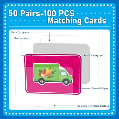 gisgfim 100 PCS Memory Matching Game Trucks Concentration Memory Card Games for Kids Preschool Educational Ages 3-8 A Fun & Fast Vehicle Theme Matching Games - style: Trucks