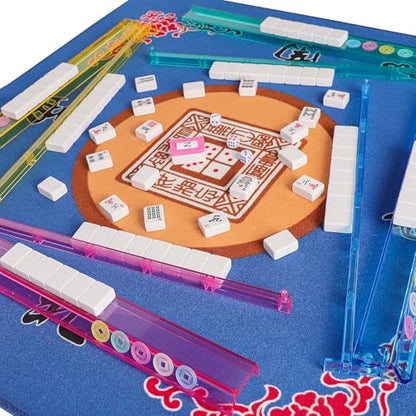 American Mahjong Game Set, 166 Quality White Tiles, 4 All-in-One Color Rack/Pushers, Mahjong Tile Set with Blue Printed Carrying Bag - color: Blue