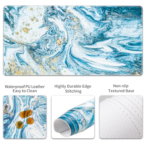 QIYI PU Leather Desk Mat Set, 4-in-1 Ergonomic Wrist Rest, Blue Marble | Waterproof Large Mouse Pad 31.5×15.7 + Keyboard Wrist Rest + Mouse Wrist Support+Coaster, Non-Slip Office Gaming Accessories - color: Blue Marble