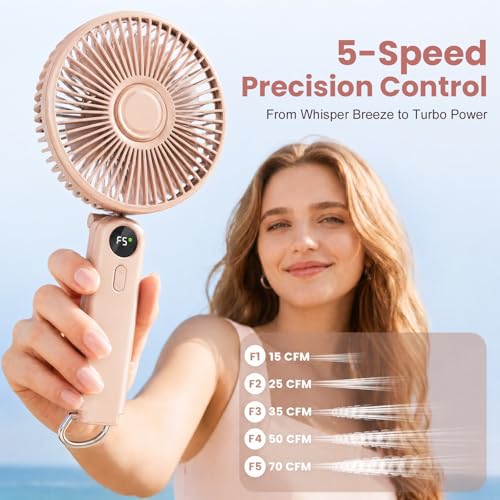 Portable Handheld Fan, 10000mAh Rechargeable 6-Inch Personal Fan for Travel | Ultra Quiet Foldable Desk Fan, 5-Speed Battery Operated Fan with Up to 40H Runtime and Digital Display for Travel and Makeup - color: Pink