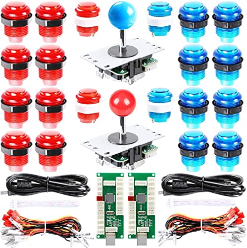 MYMIQEY 2 Players LED Arcade DIY Parts Kit for Mame PC Raspberry Pi PS3 Jamma Arcade Controllers Project, 2x Zero Delay USB Encoder + 2x 8 Way Joystick + 20x LED Illuminated Push Buttons (Red + Blue)
