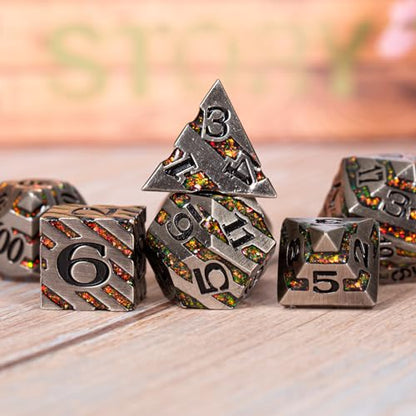 Premium Inlay Metal Dice Set, Heavy Zinc Alloy DND Dice for Serious RPG Players - color: Antique Nickel Red