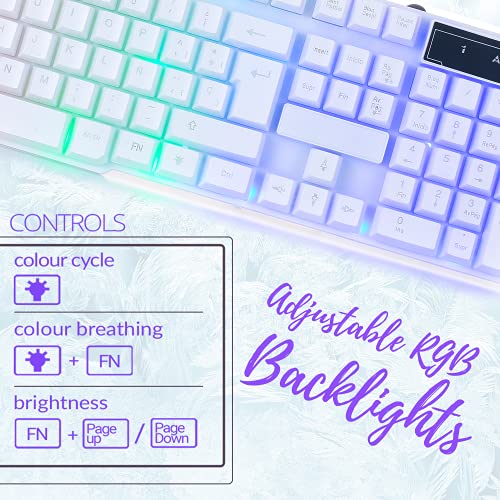 Orzly White Gaming Keyboard RGB USB Wired Rainbow Keyboard Designed for PC Gamers, PS4, PS5, Laptop, Xbox, Nintendo Switch, RX-250 Hornet Edition - color: WHITE
