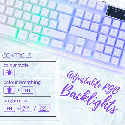 Orzly White Gaming Keyboard RGB USB Wired Rainbow Keyboard Designed for PC Gamers, PS4, PS5, Laptop, Xbox, Nintendo Switch, RX-250 Hornet Edition - color: WHITE