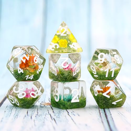 Handan Resin DND Dice Set Handmade Flower D&D Die Filled with Flowers and Grass for D&D Dungeons and Dragon Tabletop Games