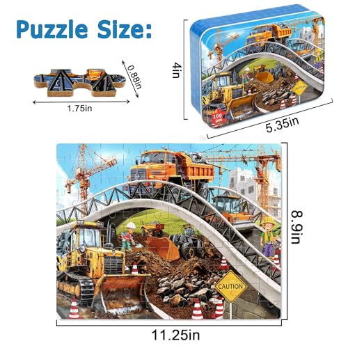 LELEMON Puzzles for Kids Ages 4-6,Construction Site 100 Piece Puzzles for Kids Ages 4-8 in a Metal Box,Educational Jigsaw Puzzles 100 Piece Puzzle Games Puzzle Toys for Girls and Boys - color: Construction Vehicle